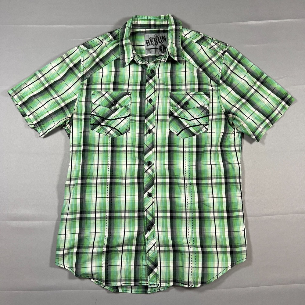 Rerun Button Up Shirt Mens L Green Black Plaid Cotton Dual Flap Pocket Back Yoke
